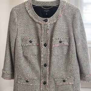 Talbots Tweed Jacket Blazer Pastel, Fringe Trim Chain Detail Size 18W